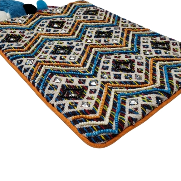 Steve Madden | Bohemian Blue Orange Embroidered Fringe Geometric Clutch Women's - Picture 4 of 9